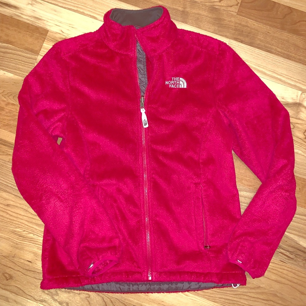 Pink fuzzy north face jacket size small